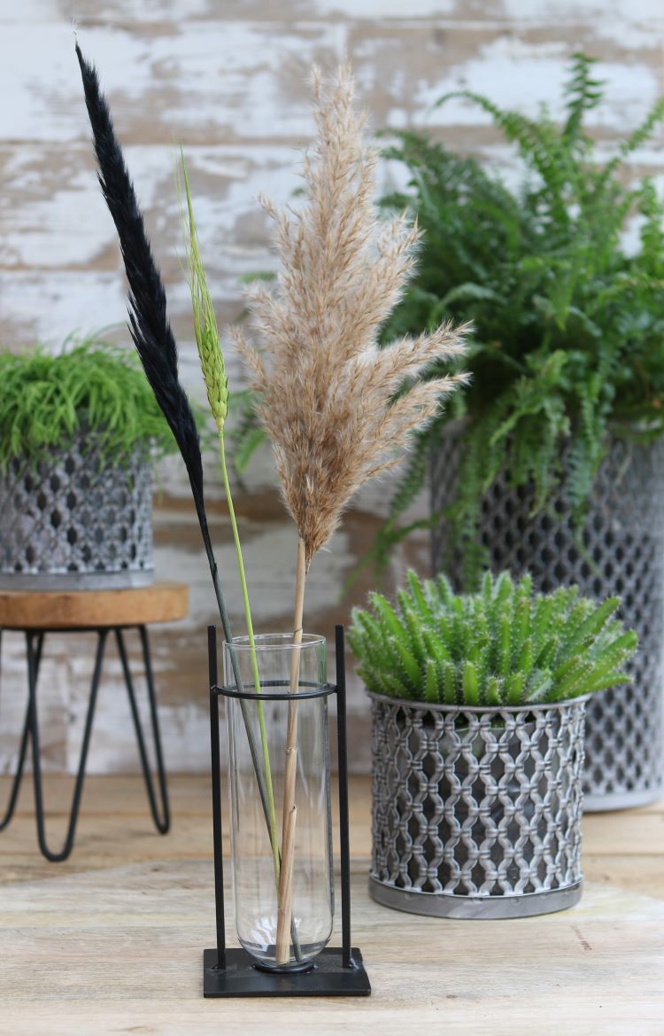 Cilindervaas in metalen houder 17,5cm hoog - 4 st