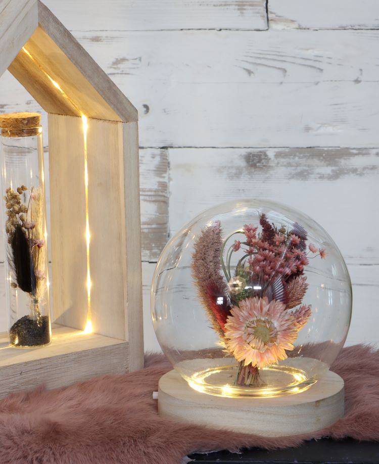 Glazen LED bol rond Ø13cm met houten basis - 1 st