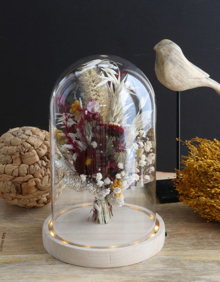 Glazen LED stolp Ø140 mm H.215 mm met houten basis - 1 st