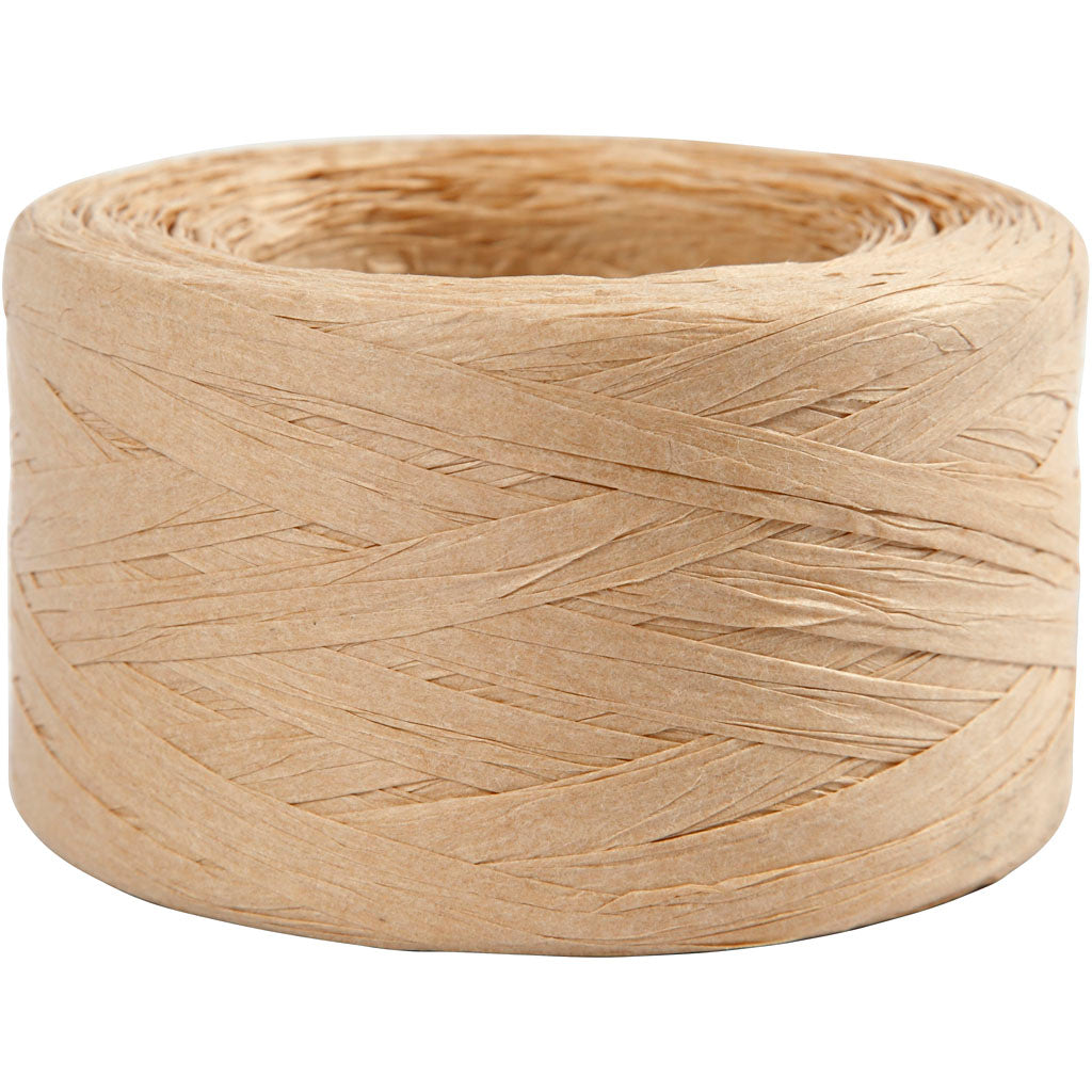 Papier raffia garen, zandkleur, B: 7-8 mm, 100m - 1 rol