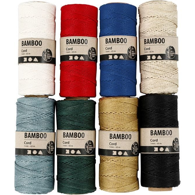 Bamboekoord, diverse kleuren, dikte 1 mm, 65 m/1 set