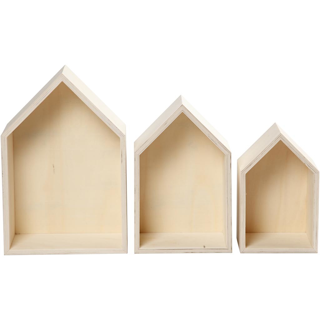 Houten Huizen, H: 20,3+25,3+31 cm, D: 10 cm, B: 13+16,2+20 cm, triplex - 3 st