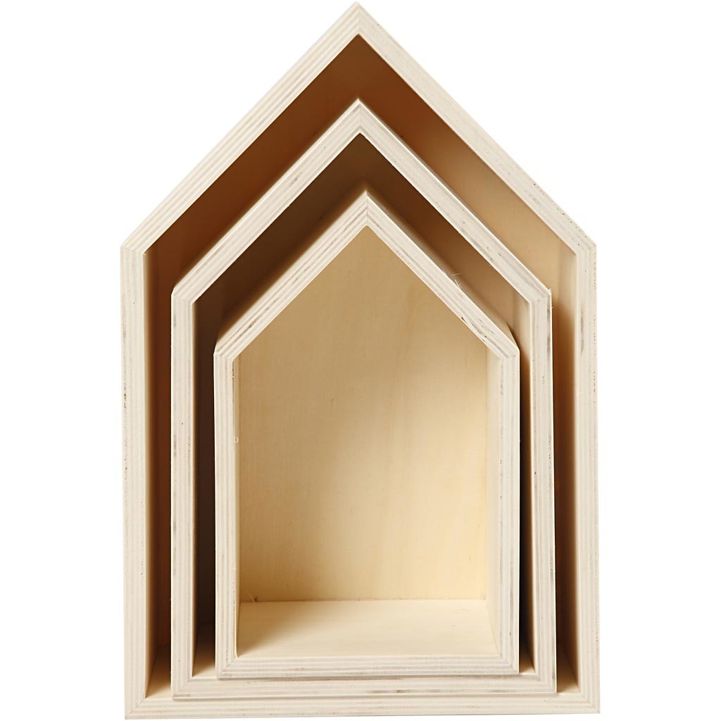Houten Huizen, H: 20,3+25,3+31 cm, D: 10 cm, B: 13+16,2+20 cm, triplex - 3 st