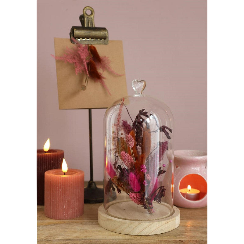 Glazen stolp met hartje, houten basis Ø14 h.24 cm - 1 stuk