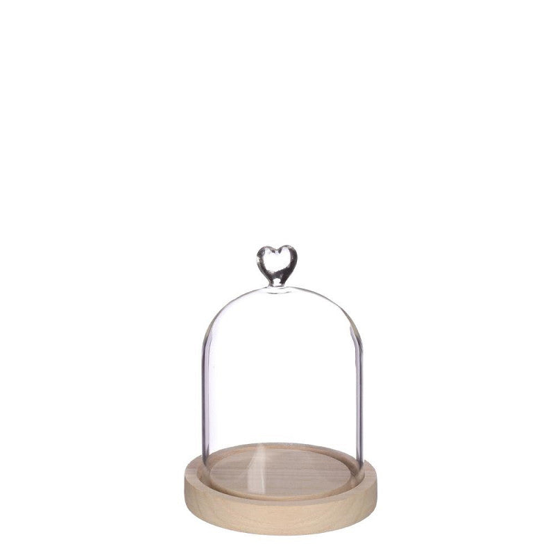 Glazen stolp met hartje, houten basis Ø12 h.16 cm - 1 stuk