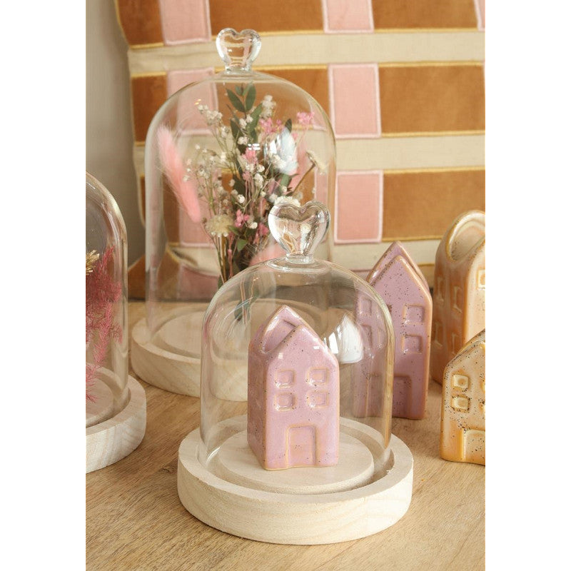 Glazen stolp met hartje, houten basis Ø12 h.16 cm - 1 stuk