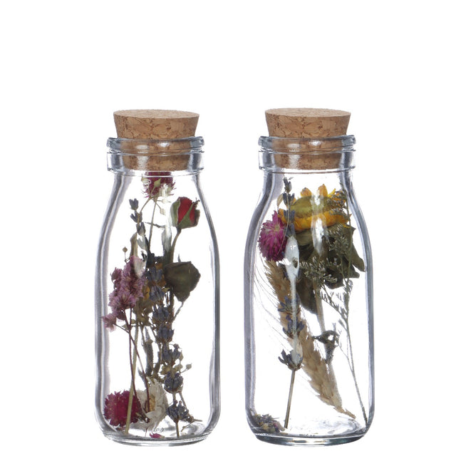 Glass milk bottle with 2 different dried flowers Ø6cm (12 pcs.) [IFS