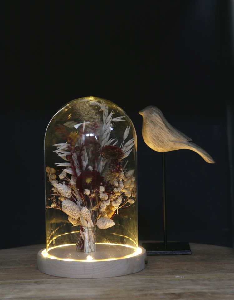 Glazen LED stolp Ø140 mm H.215 mm met houten basis - 1 st