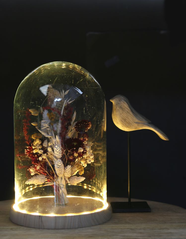 Glazen LED stolp Ø170 mm H.255 mm met houten basis - 1 st