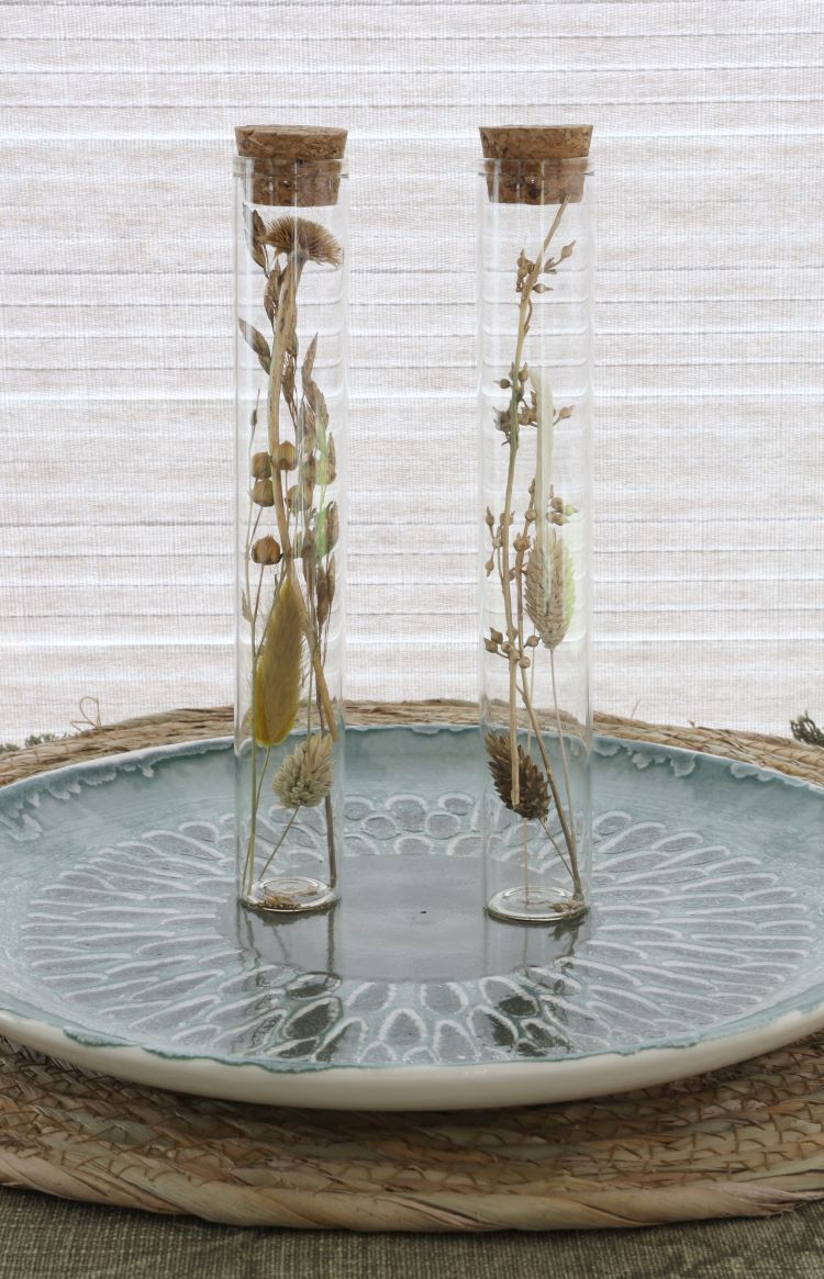 Glazen buis met diverse droogbloemen naturel Ø3cm, H: 20cm - 12 st