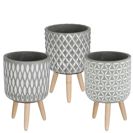 Plant pot Cement with wooden legs 21.5cm high 