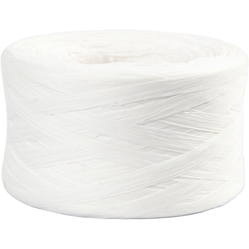 Papier raffia garen, wit, B: 7-8 mm, 100m - 1 rol