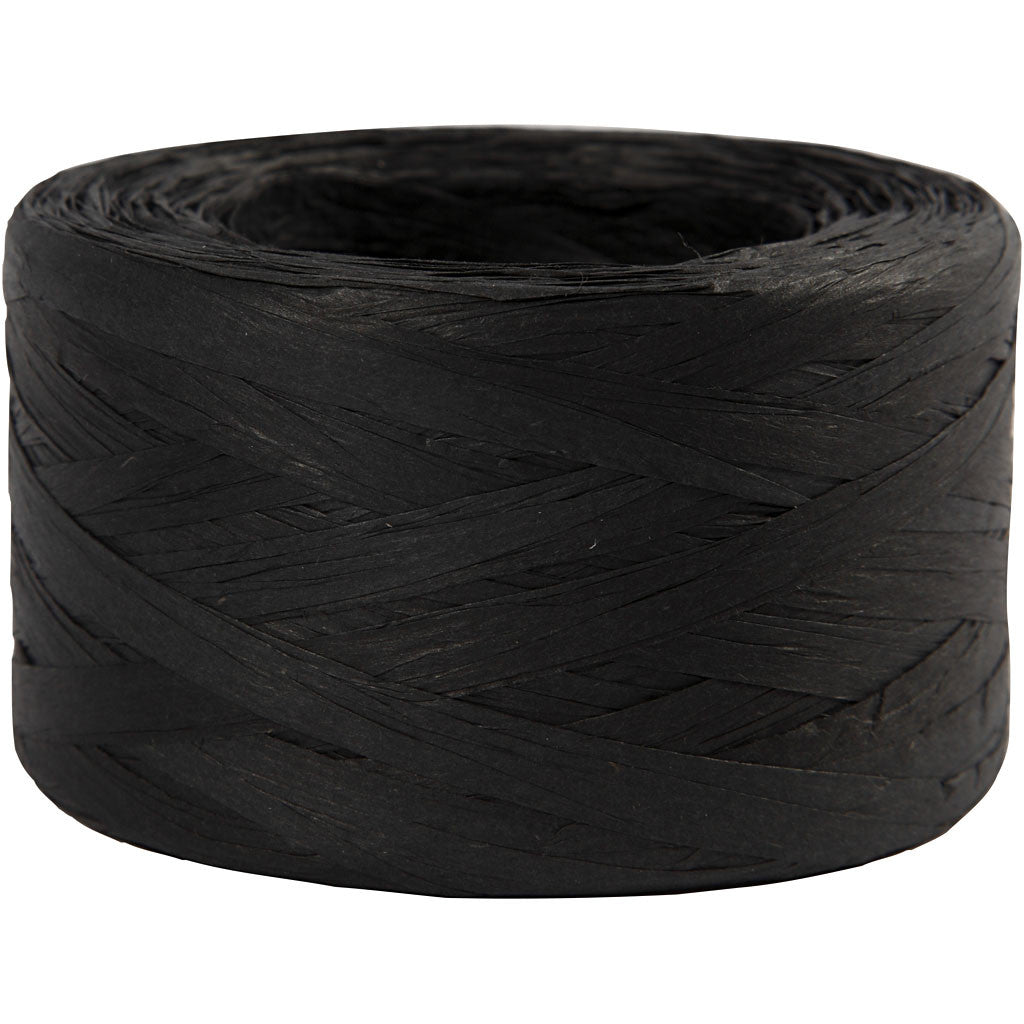 Papier raffia garen, zwart, B: 7-8 mm, 100m - 1 rol