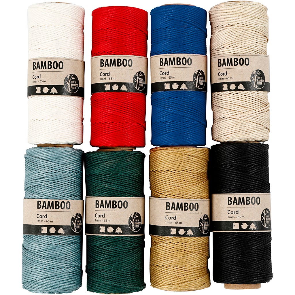 Bamboekoord, diverse kleuren, dikte 1 mm, 65 m/1 set