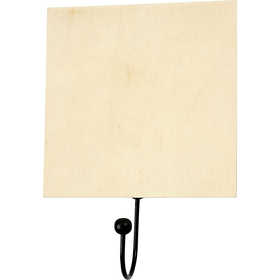 Haak met houten bord en zwarte metalen haak 12x12 cm, 5 mm - 10 st
