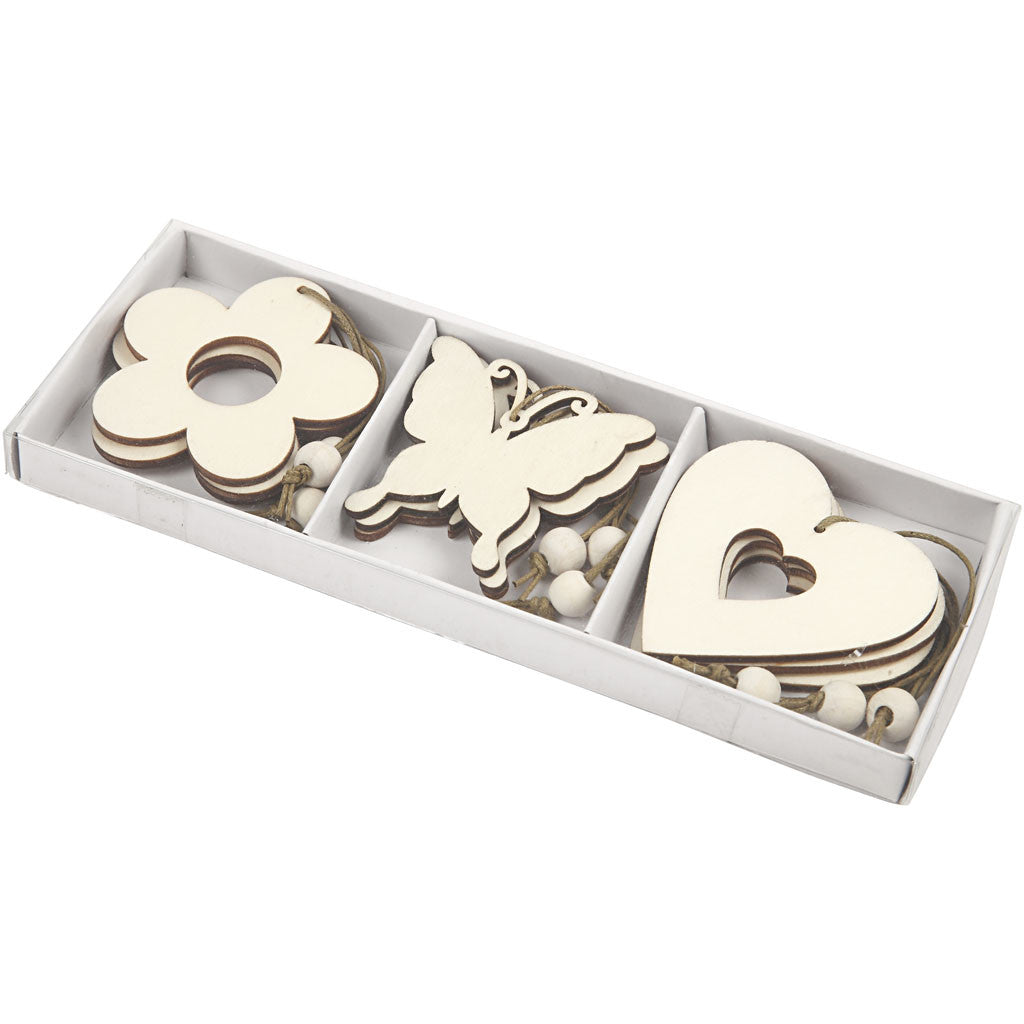 Houten Ornament, Bloem, Vlinder, Hart, 6 cm - 9 st