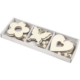 Houten Ornament, Bloem, Vlinder, Hart, 6 cm - 9 st