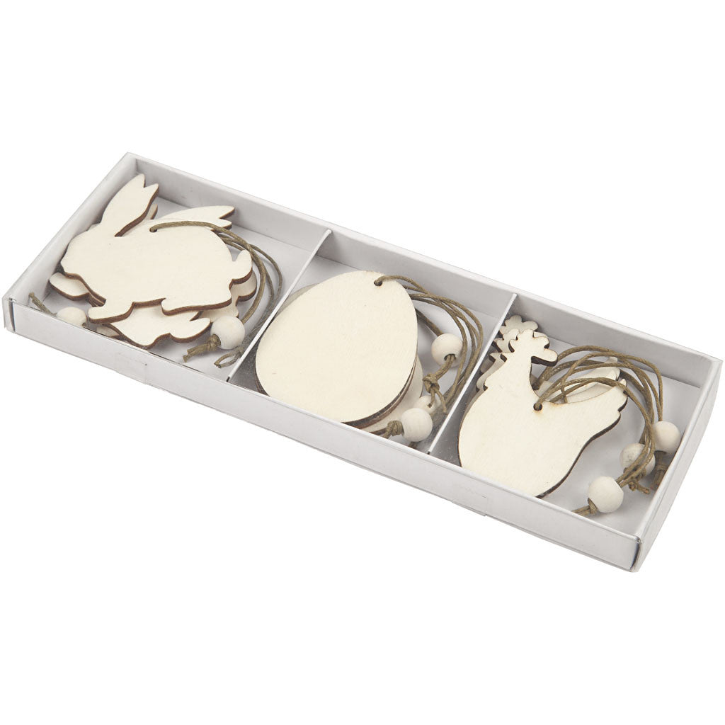 Houten Ornament, Konijn, Ei, Haan, 6 cm, 3 mm - 9 st
