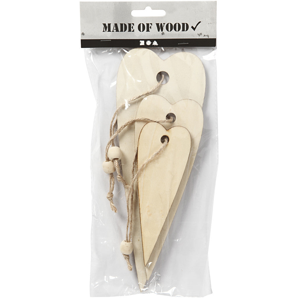 Houten Ornament, Lang hart, H: 12+16+20 cm, 5 mm - 3 st