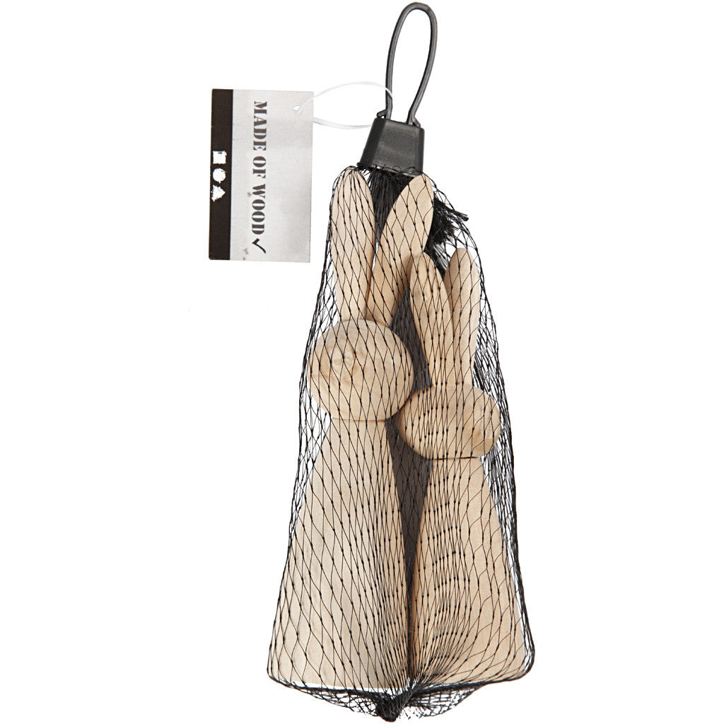 Houten konijnen, H: 12+14 cm, diepte 3,5+4 cm - 2 st