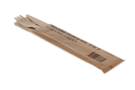 Wooden cutlery set 3/1 knife + Fork + Napkin 