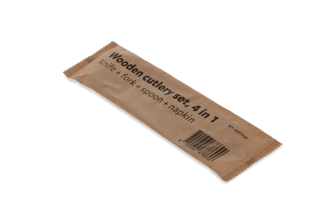 Houten bestekset 4/1 mes + vork + lepel + servet FSC - 250 stuks