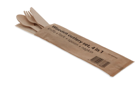 Wooden cutlery set 4/1 knife + Fork + spoon + Napkin FSC 