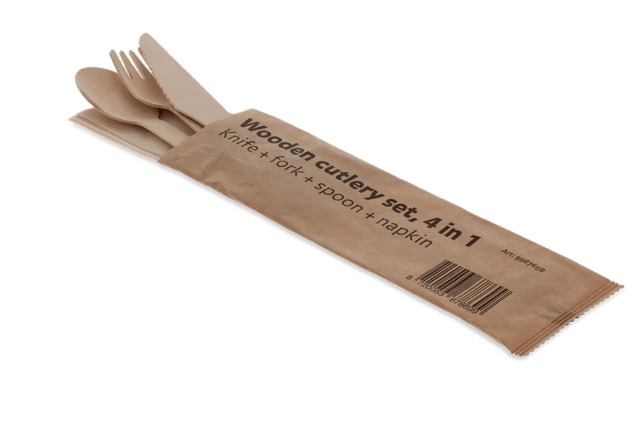 Wooden cutlery set 4/1 knife + Fork + spoon + Napkin FSC 