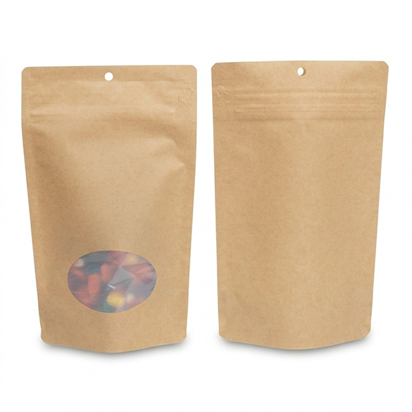 Kraft thuis composteerbare stazak met ovaal venster en pocket sluiting 13x8x20,5cm - 100 st