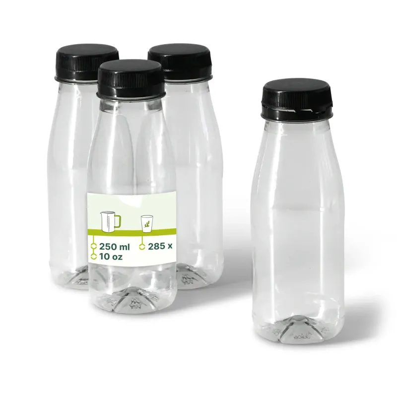 Flessen van gerecycled PET - 250 ml Transparant/Zwart Deksel - 285 st
