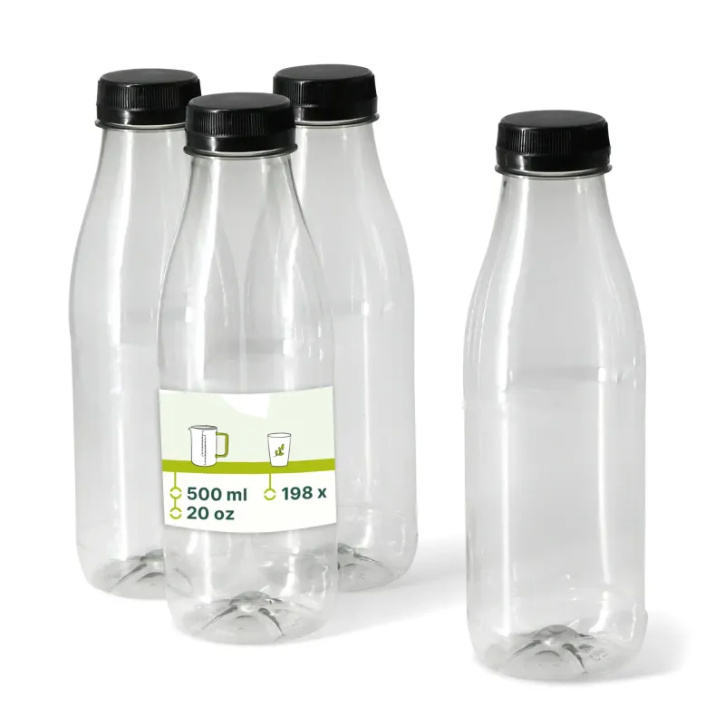 Flessen van gerecycled PET - 500 ml Transparant/Zwart Deksel - 198 st