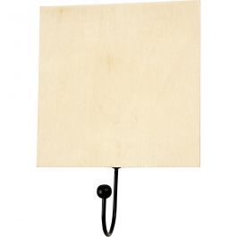 Haak met houten bord en zwarte metalen haak 12x12 cm, 5 mm - 10 st