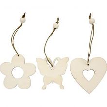 Houten Ornament, Bloem, Vlinder, Hart, 6 cm - 9 st