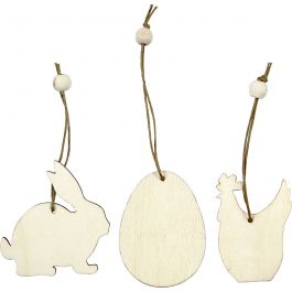Houten Ornament, Konijn, Ei, Haan, 6 cm, 3 mm - 9 st