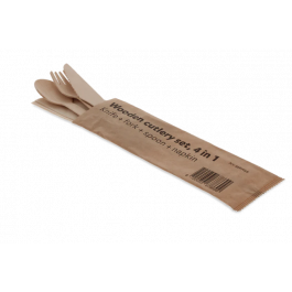Houten bestekset 4/1 mes + vork + lepel + servet FSC - 250 stuks