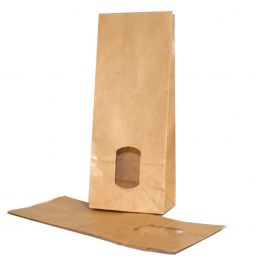 Blokbodemzakken Kraft Bruin 105x65x275 mm 70 g/m2 gevoerd met 30my OPP Folie en helder Venster- 100 stuks